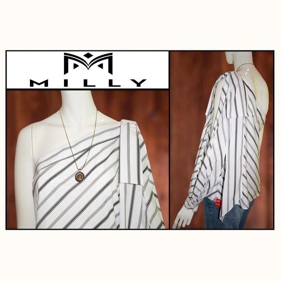 MILLY NEW NINA Stripe One-Shoulder Cotton Poplin Top 8 - Picture 7 of 12